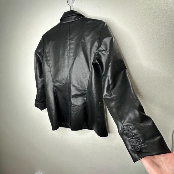 Black Leatherette 2-Button Narrow Lapel Welt Pockets Button Sleeve Blazer Medium - Picture 5 of 11